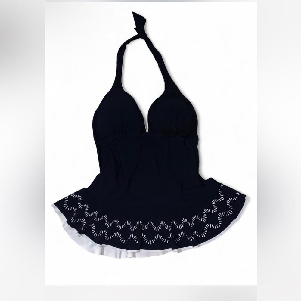 Black Halter Swim Top with White Trim